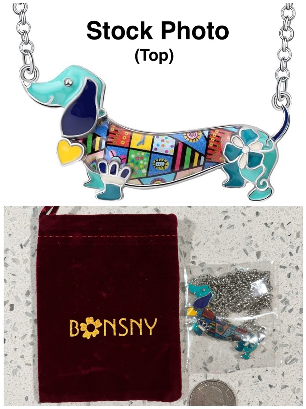 Colorful Dachshund Patchwork Artdeco Pendant Necklace - Teal Multi